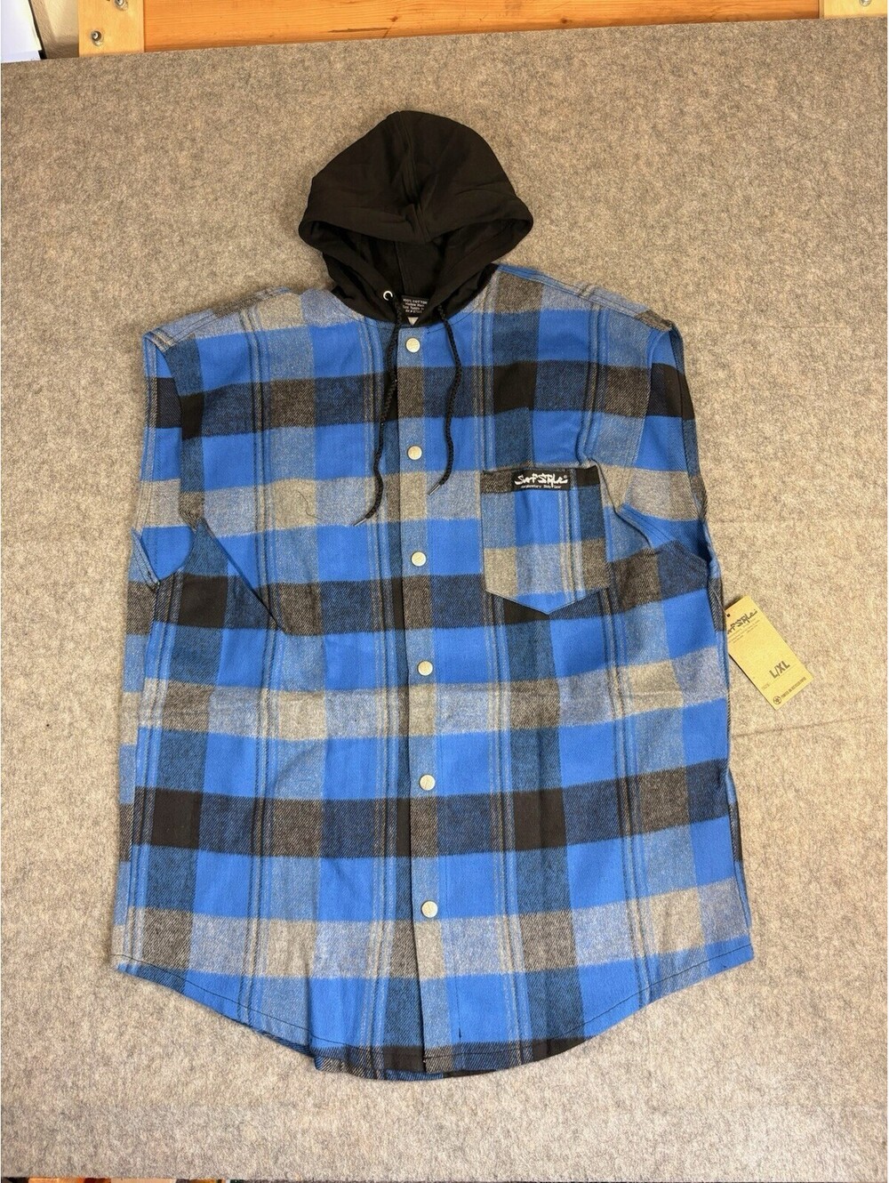 Vintage Surf Style 90s Plaid Flannel Snap Button Sleeveless Hoodie USA L-XL